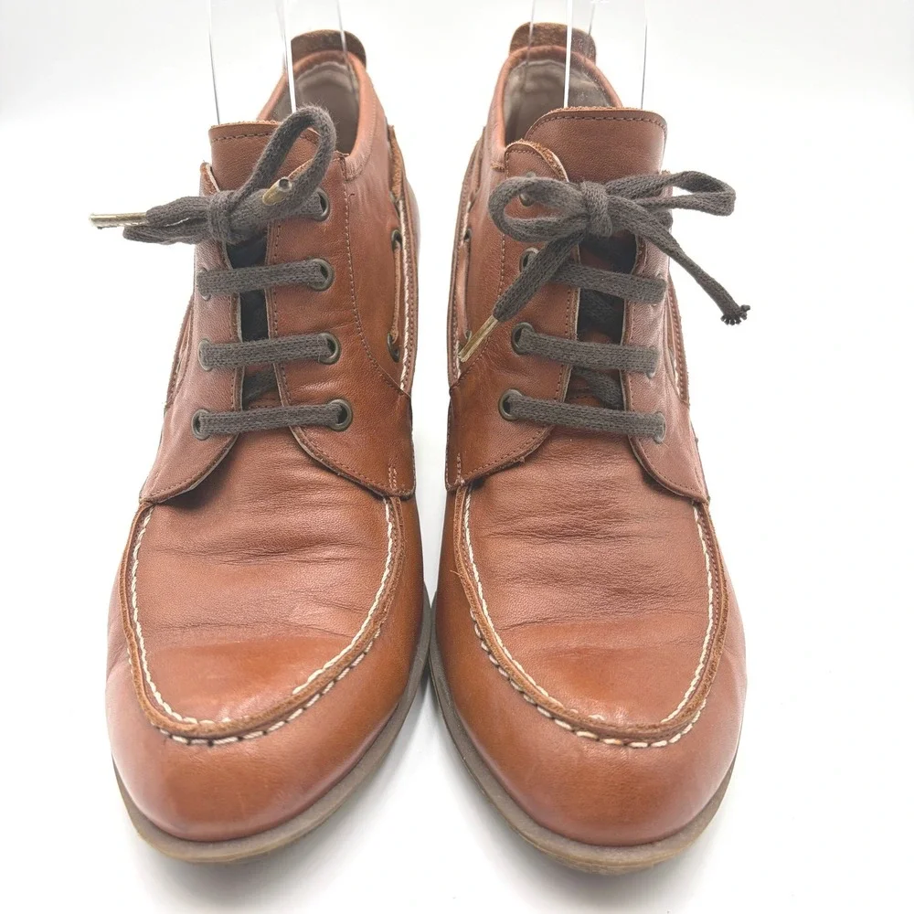Greyder Cognac Leather Heeled Loafer Booties Size 38 7.5 Lace Up Boat Shoe Style